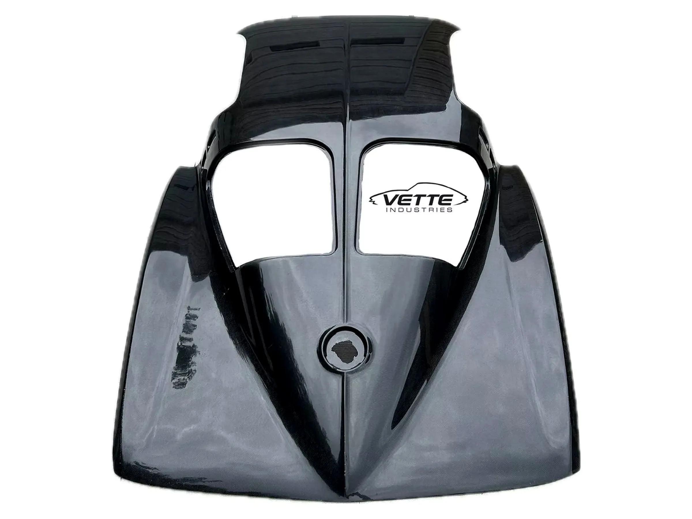 Glossy black composite Corvette roof or upper body panel shown on a white background.