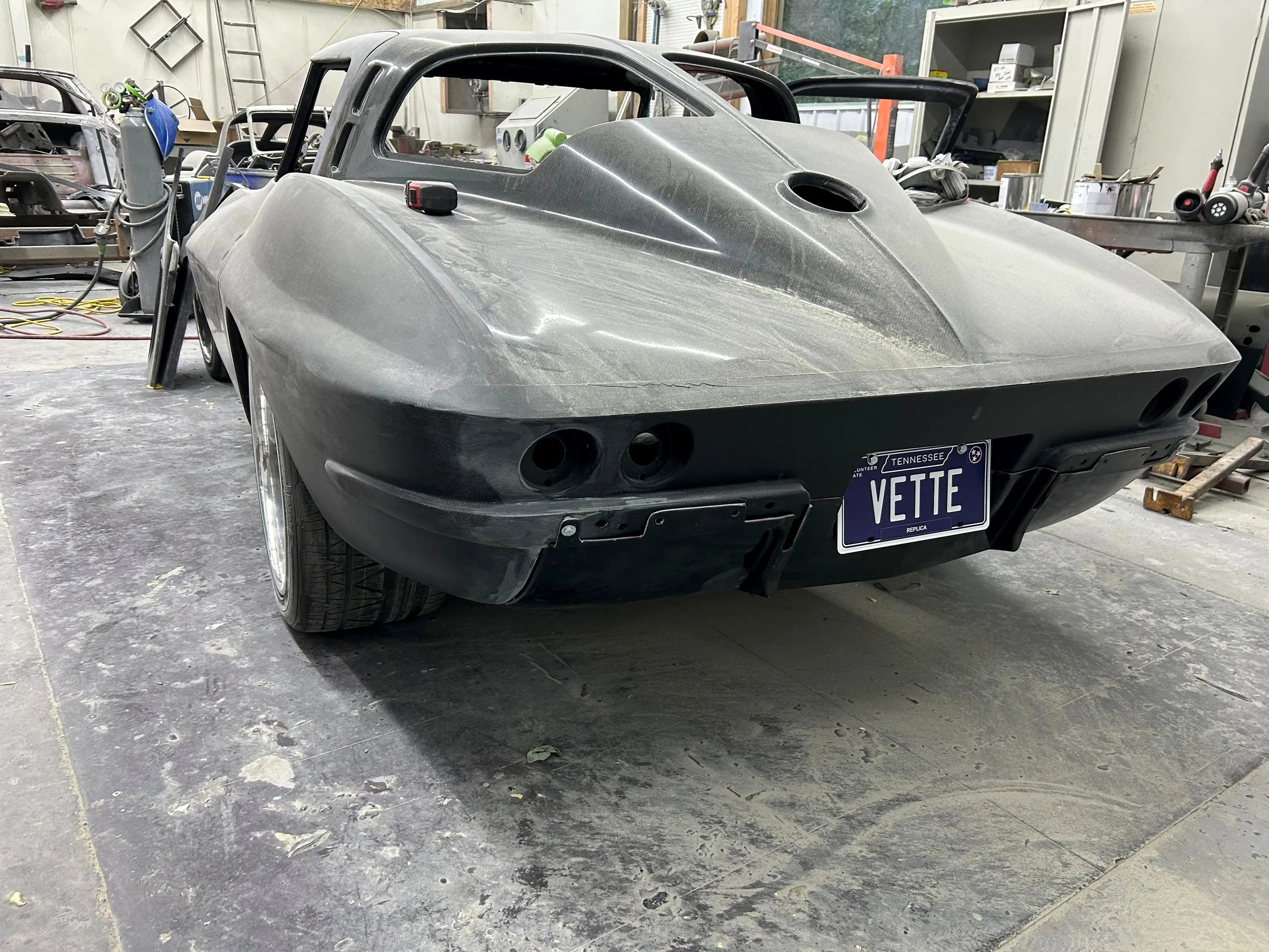 Corvette body under construction inside the Vette Industries workshop.